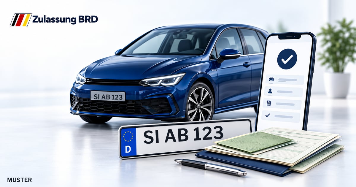 Online Fahrzeugzulassung in Siegen: Musterkennzeichen SI AB 123, Auto und Fahrzeugpapiere und Smartphone. Illustration mit Logo von Zulassung BRD.